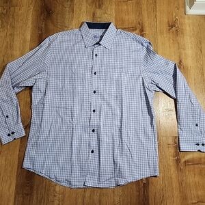 Tasso Elba Mens Large 16-16.5 BLUE Plaid Geometric Crosshatch Buttonup *note